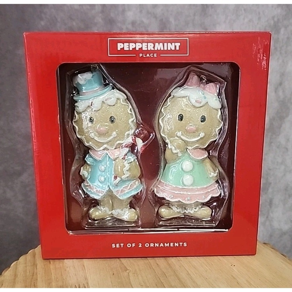 Gingerbread Boy & Girl Christmas Ornaments Pastel‎ Pink Blue Glitter 2 Pc 5.5"